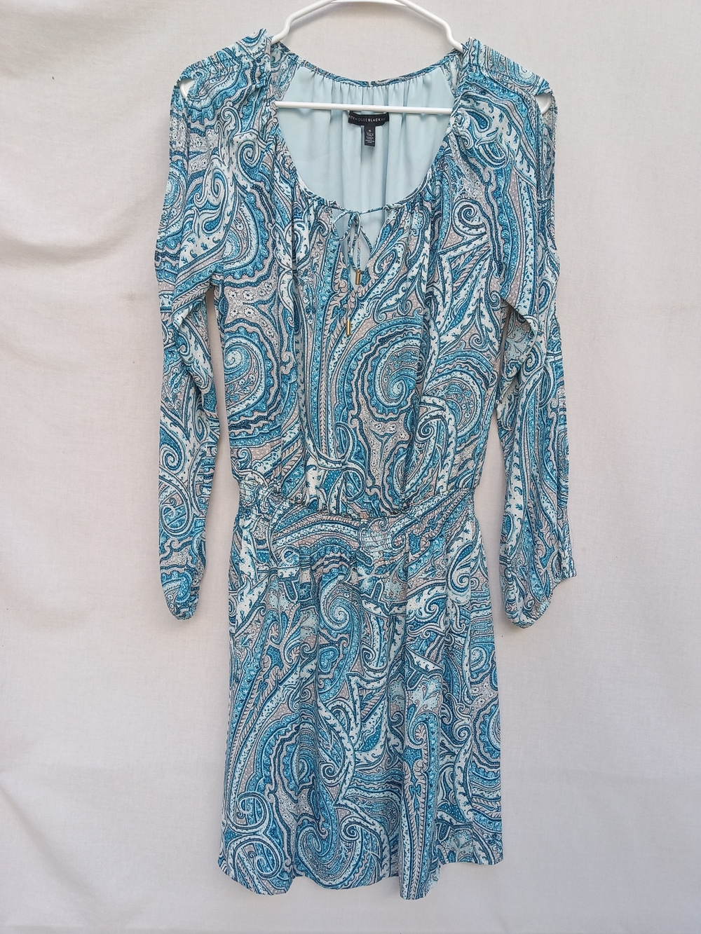 White House Black Market Teal & White Paisley Open Long-Sleeve Midi Dress Small6